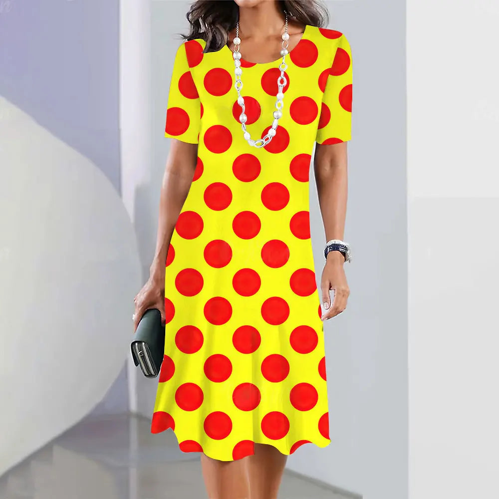 Polka Dot Print Women'S Dress 2024 Elegant Women'S Summer Fashion Stitch O Neck Loose Holiday Women'S Sexy Knee-Length Dress