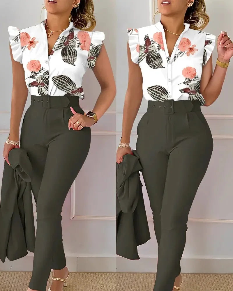 Women Slim Two-Piece Sets Summer Elegant Fashion Print V Neck Button Flying Sleeve Shirt Top & Solid Long Pants Suits With Belt