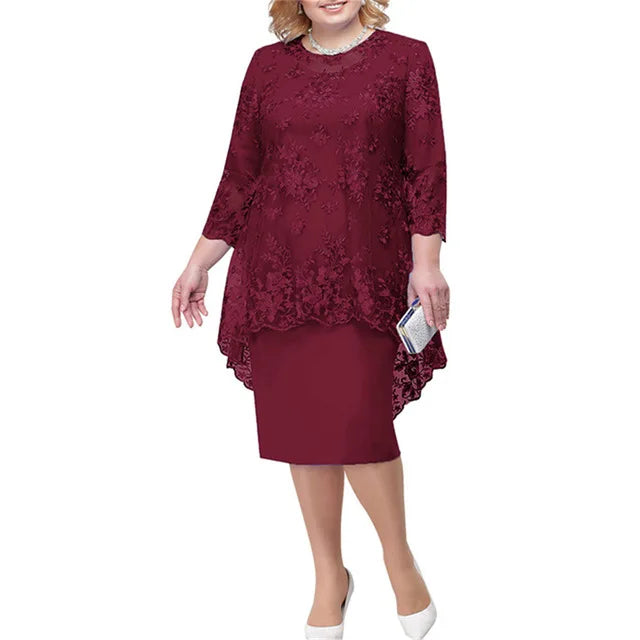 FSMG Plus Size Women Evening Gown Dress, Fashion Solid Color Round Neck High Waist Lace Embroidery Two-piece Slim Fit Dress Set