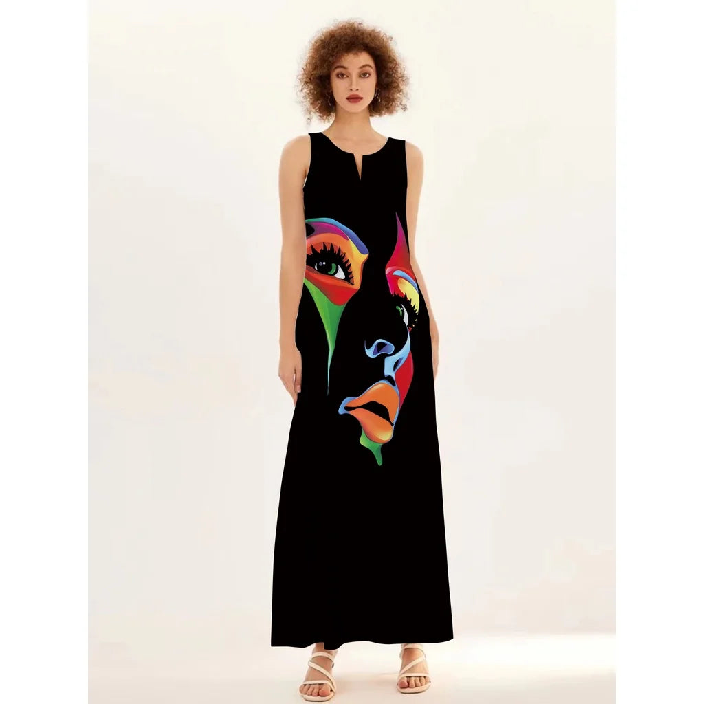 Mask printing Dress Sexy Sleeveless Dress  V-Neck  Casual  Clothing Women