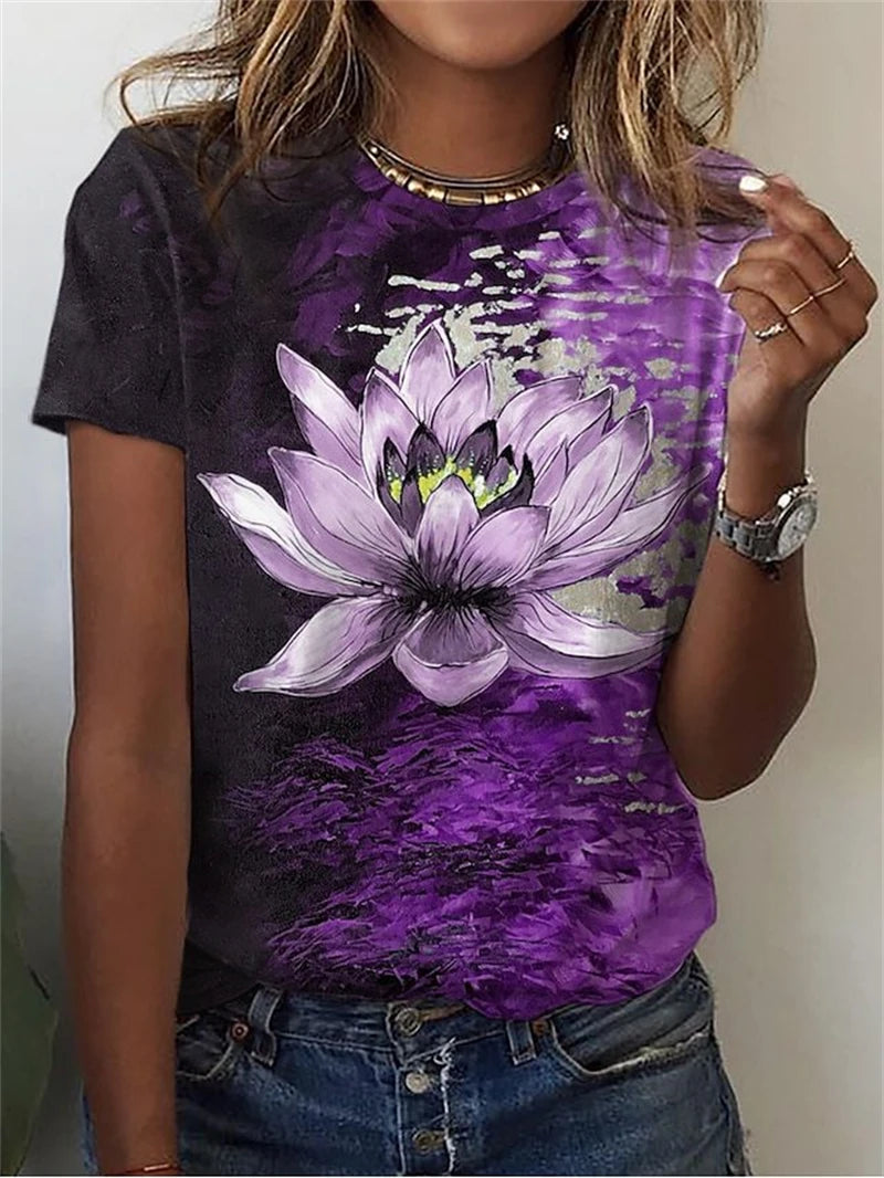 Women's T-Shirts Summer Fashion 3d Flowers Print Short Sleeve Top Female Clothing Oversized Tees Harajuku Graphic T Shirts