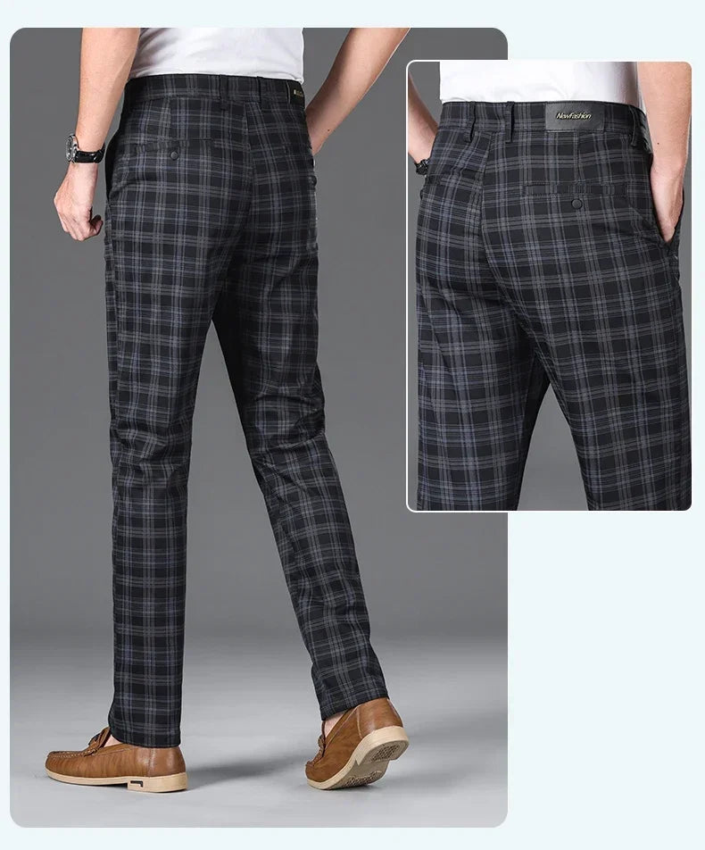 2024 Summer Classic Simple Straight Casual Pants for Men Personalized Checkered Versatile Stretch Business Casual Slim Trousers