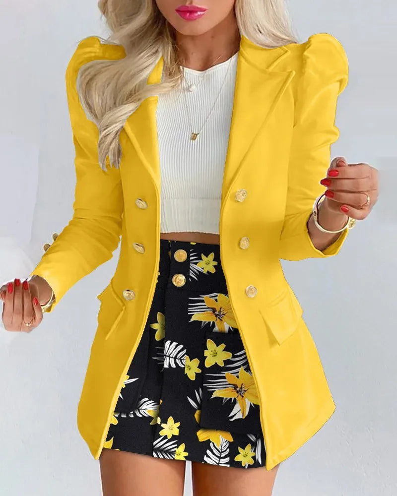 Long Sleeve Suit Jacket Dress Set Spring Fashion Elegant Solid Turn Down Collar Coat Buns Two Piece Sets For Women Outfit 2023