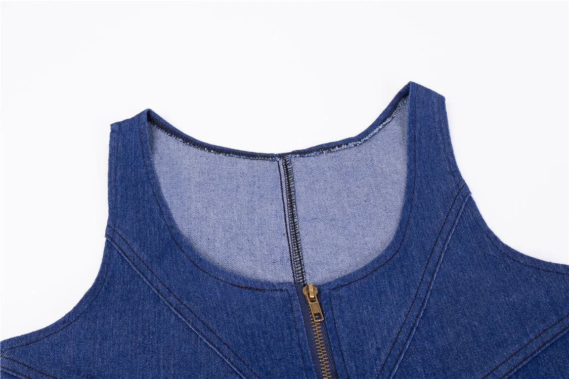 Dresses Female Superior Quality Summer Denim O Neck Zipper Solid Color Sleeveless Dress Casual Vestidos Dropshipping WYM171