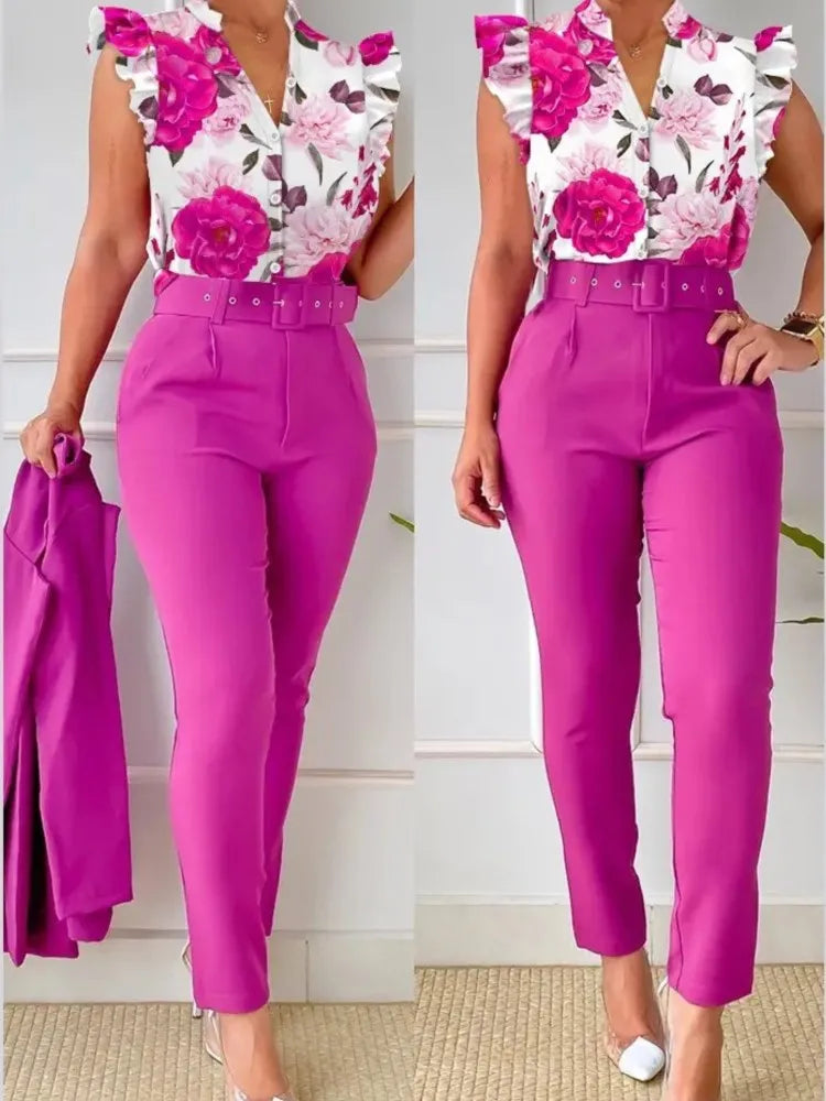 Women Slim Two-Piece Sets Summer Elegant Fashion Print V Neck Button Flying Sleeve Shirt Top & Solid Long Pants Suits With Belt