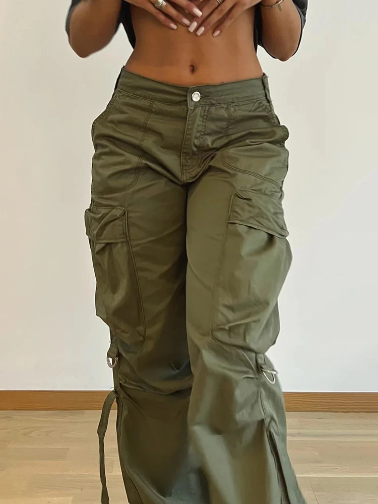 Rockmore Cargos Style Parachute Pants Low Waist Women Joggers Harajuku Pockets Baggy Wide Leg Trousers y2k Streetwear Casual