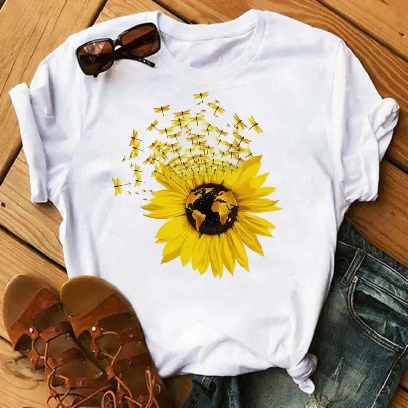 COTTON 100% Casual Cute Sunflower Butterfly Print T-shirt Comfortable Women's Black Top Oversized T Shirt  Graphic Tshirts