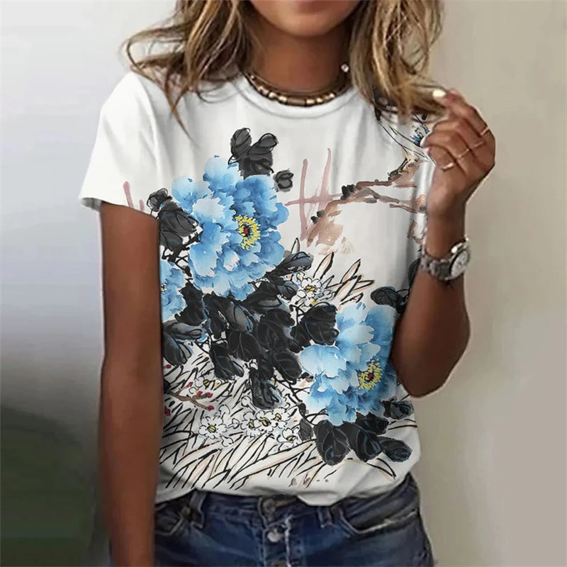 Women's T-Shirts Summer Fashion 3d Flowers Print Short Sleeve Top Female Clothing Oversized Tees Harajuku Graphic T Shirts