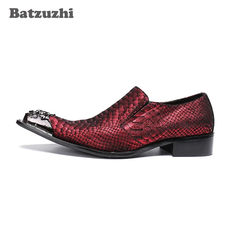 Batzuzhi Italy Brand New Men Leather Shoes Pointed Metal Toe Snakeskin Leather Red Men Wedding Dress Shoes Business and Party!