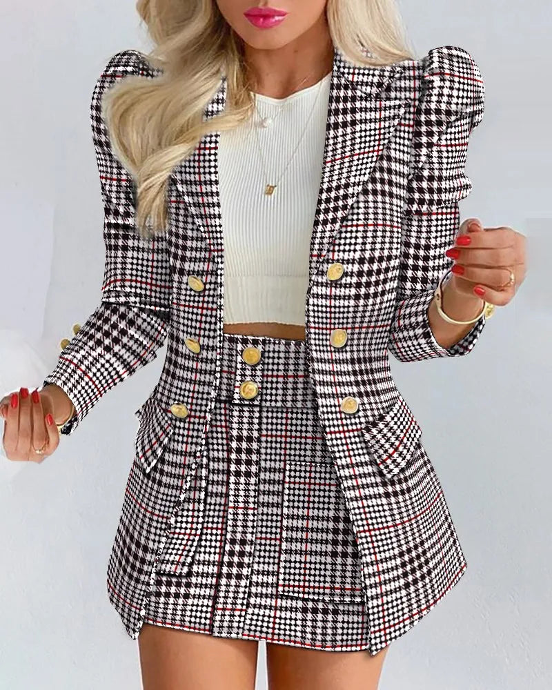 Long Sleeve Suit Jacket Dress Set Spring Fashion Elegant Solid Turn Down Collar Coat Buns Two Piece Sets For Women Outfit 2023