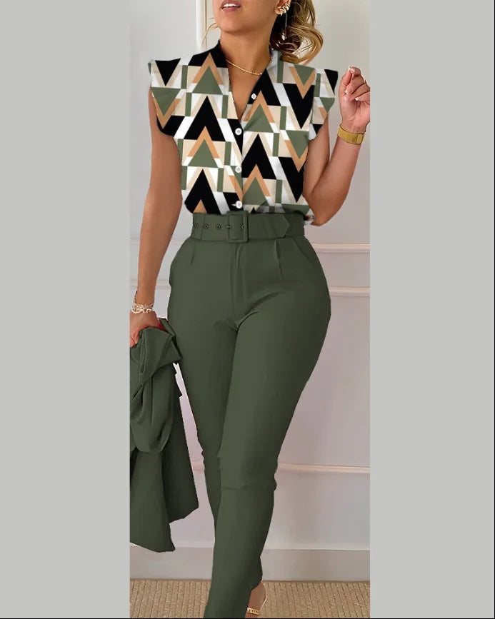 Women Slim Two-Piece Sets Summer Elegant Fashion Print V Neck Button Flying Sleeve Shirt Top & Solid Long Pants Suits With Belt