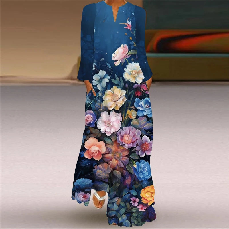 Long- Sleeved Thin Summer Dress Women Loose V-neck Elegant Dresses Party 2024 New Ink Painting 3D Print Glitzy Loose Style Dress