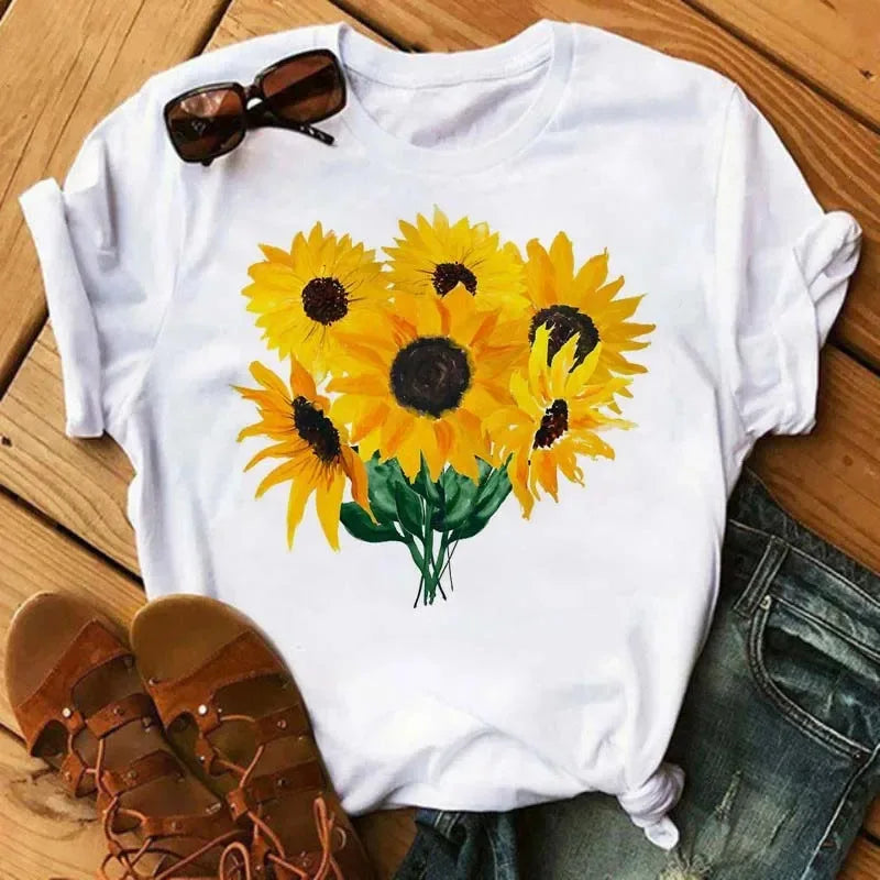 COTTON 100% Casual Cute Sunflower Butterfly Print T-shirt Comfortable Women's Black Top Oversized T Shirt  Graphic Tshirts