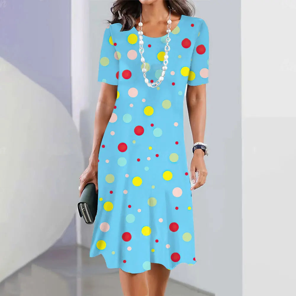 Polka Dot Print Women'S Dress 2024 Elegant Women'S Summer Fashion Stitch O Neck Loose Holiday Women'S Sexy Knee-Length Dress