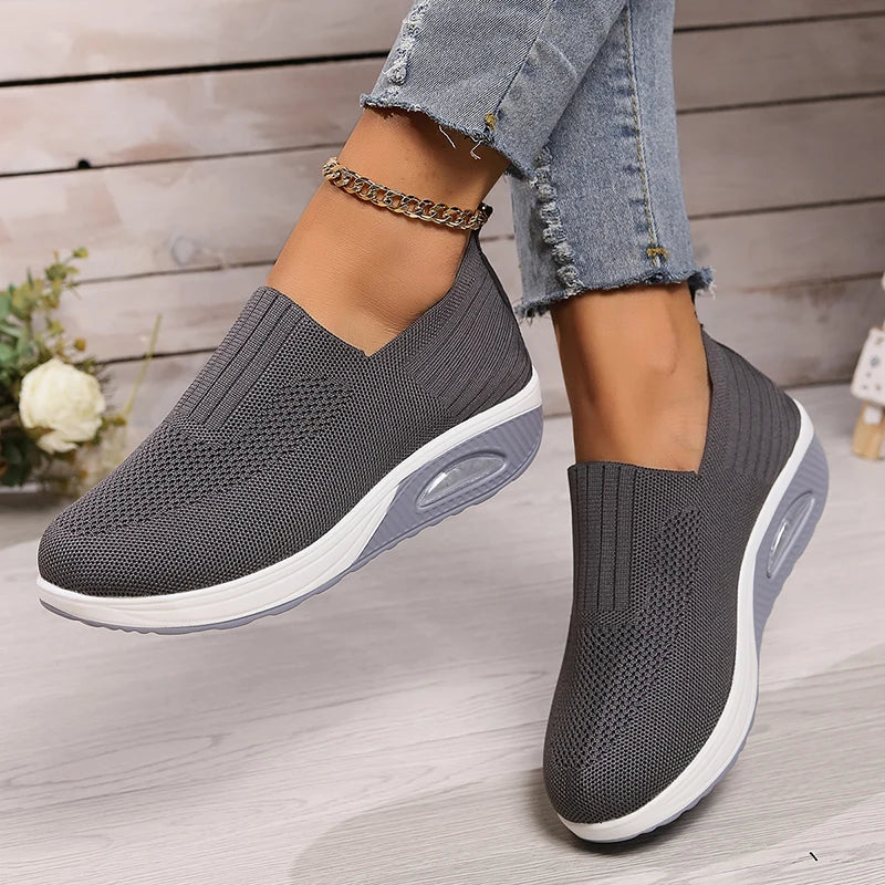 Women's Mesh Breathable Casual Sneakers Knitting Slip On Platform Sports Shoes for Women Comfortable Air Cushion Walking Shoes