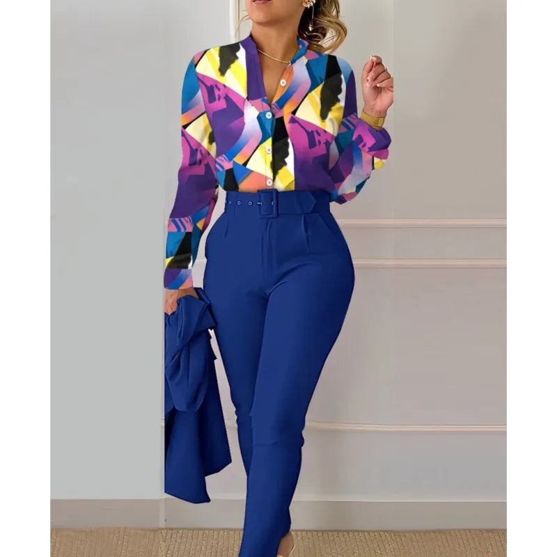 Casual Long Sleeve Shirt Pants Set Office Lady Fashion Elegant V Neck Floral Print Trousers Two Piece Set Women Outfit 2024