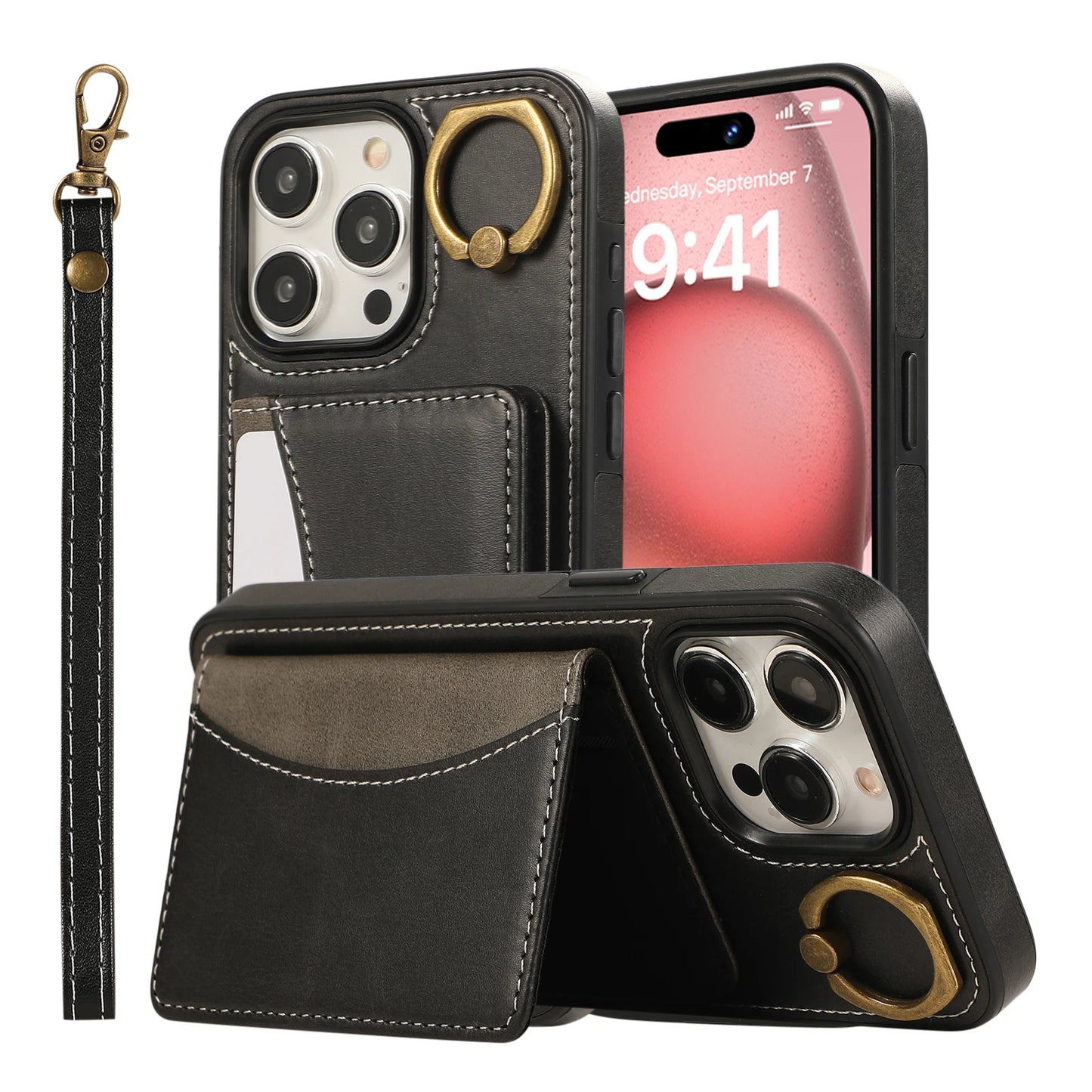 Cards Bag Ring Holder Leather Wallet Case For iPhone 15 Pro Max 14 Plus 13 12 11 XS XR 7 8 SE 2022 Stand Strap Solt Purse Cover