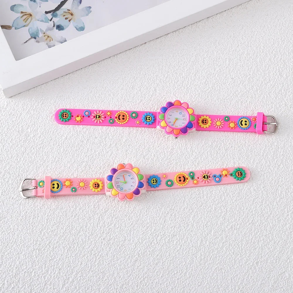 New Colorful Flower Cartoon Watches for Kids Cute Sweet Pink Silicone Strap Quartz Children Wristwatch Girls Watch Gifts