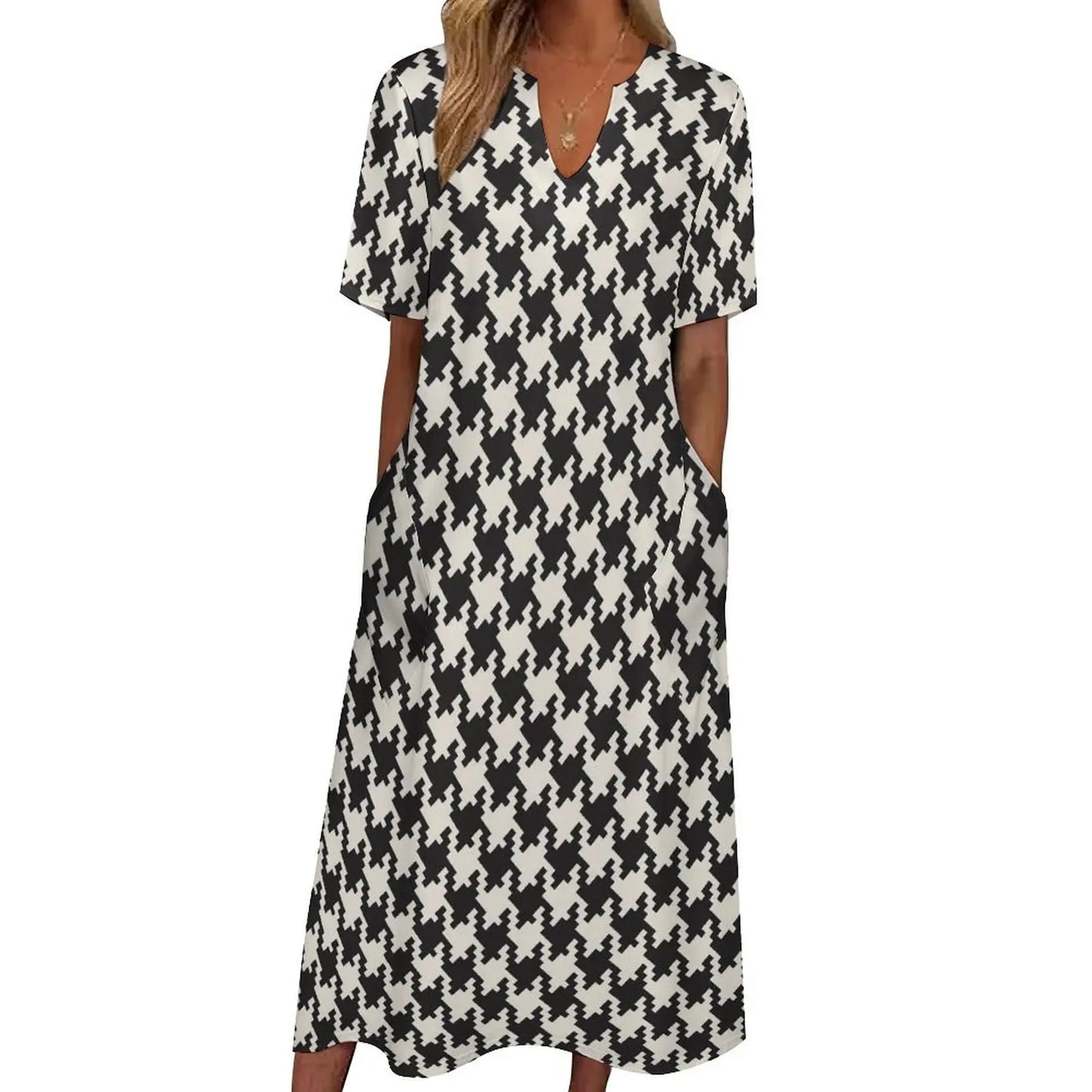 Retro Houndstooth Dress Spring Black White Check Streetwear Boho Beach Long Dresses Ladies Cute Maxi Dress Gift