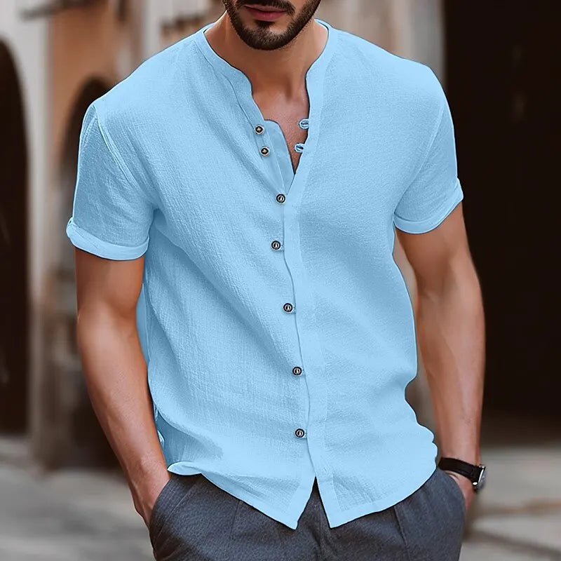 Retro Style Summer Men's Casual Cotton Linen Shirt Mock Neck Solid V-Neck Short Sleeve Loose Top Handsome Shirt US Size