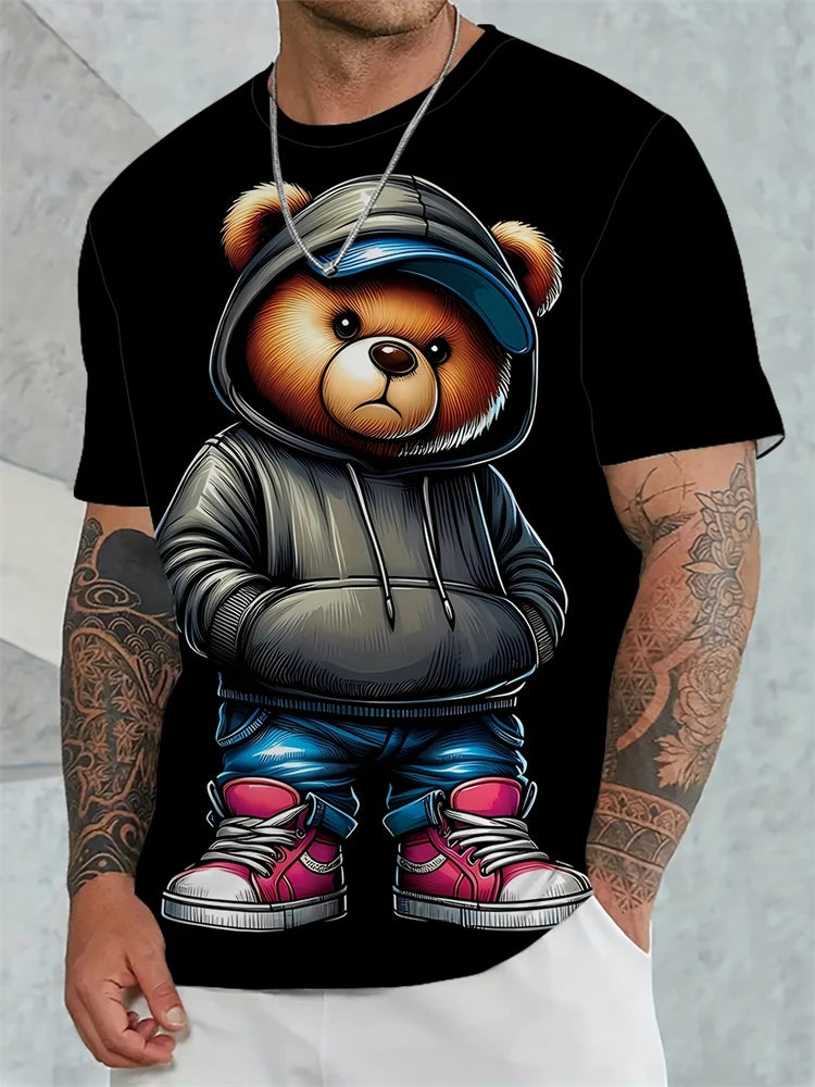 Hip-hop Style Cartoon Bear Print Men's T-shirt Summer Casual Everyday Top Urban Street Fashion Men's Oversized Short Sleeve Tees