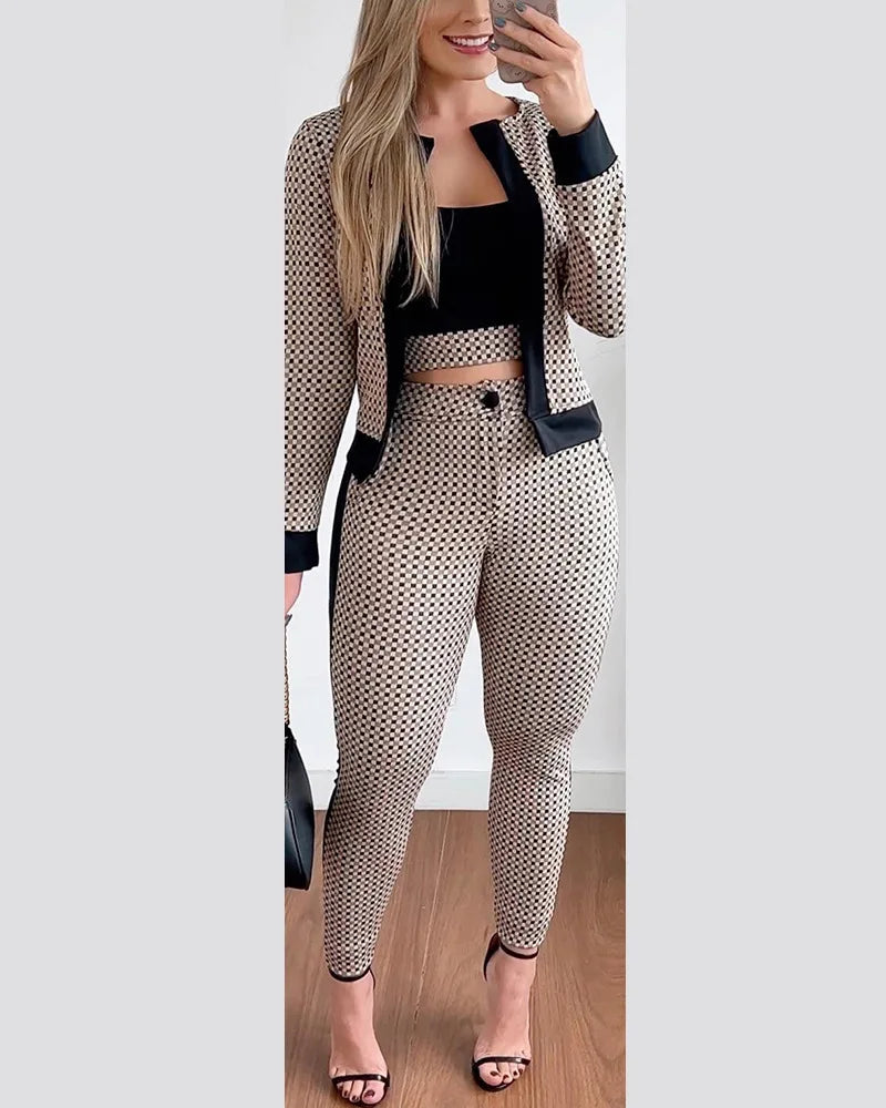 Fashion Houndstooth 3 Piece Set Tops And Slim Long Pant Suit Women Clothing Autumn Tank Cardigan Coat & Bodycon Pants 3pcs Sets