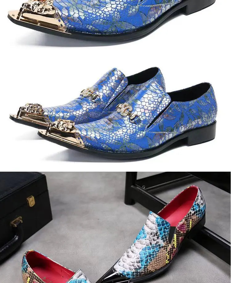 Spring Autumn Pointed end Gold ornaments Shoes and Hats Stamp Cowhide Shoes Rivet Marry Walk Show Nightclub Men's Shoes