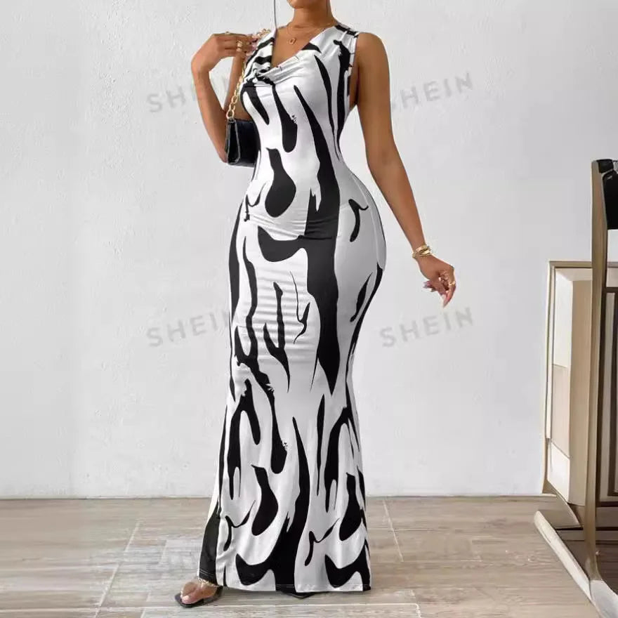 Sexy Bodycon Package hip Party Women's Long Dresses Summer Print Sleeveless Pile Collar Slim Skinny Party Maxi Dress For Women