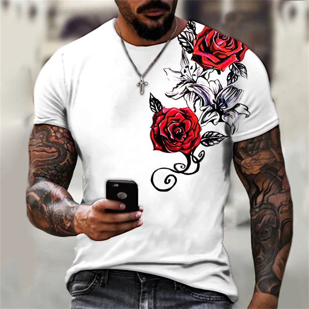 2023 Summer Men T-shirt 3D Graphic Bright Rose Print Vintage T Shirt Men Women Tshirt Casual Short Sleeve O-neck Streetwear