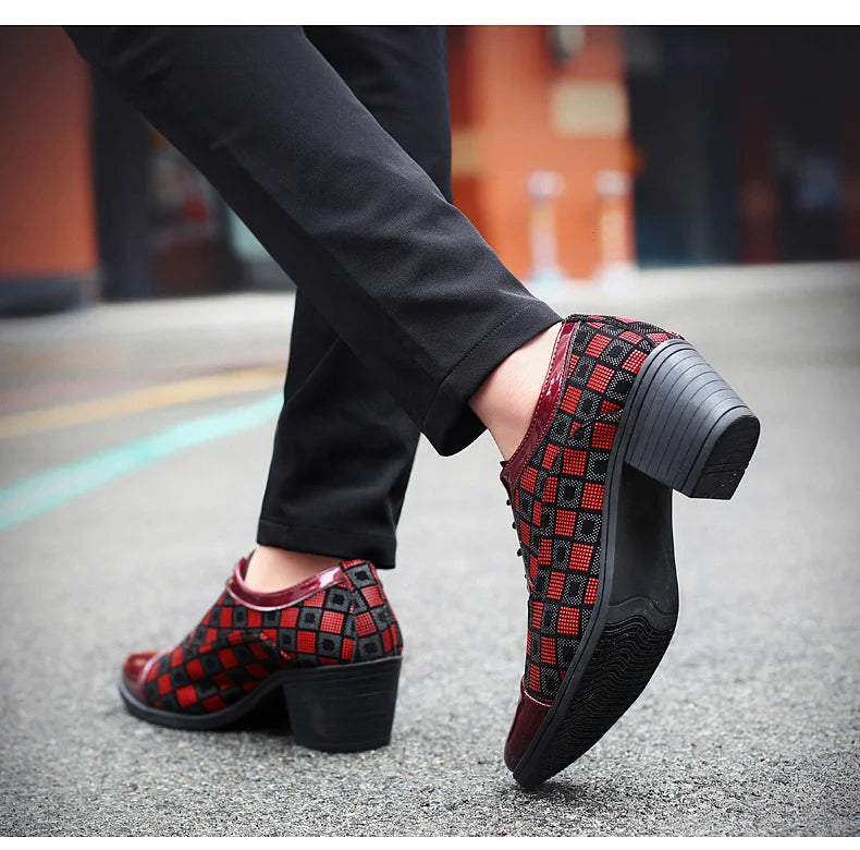 New Fashion Red Plaid Men's Dress Shoes Pointed Leather High Heel Shoes Men Height Increasing Wedding Shoes Men Zapatos Hombre