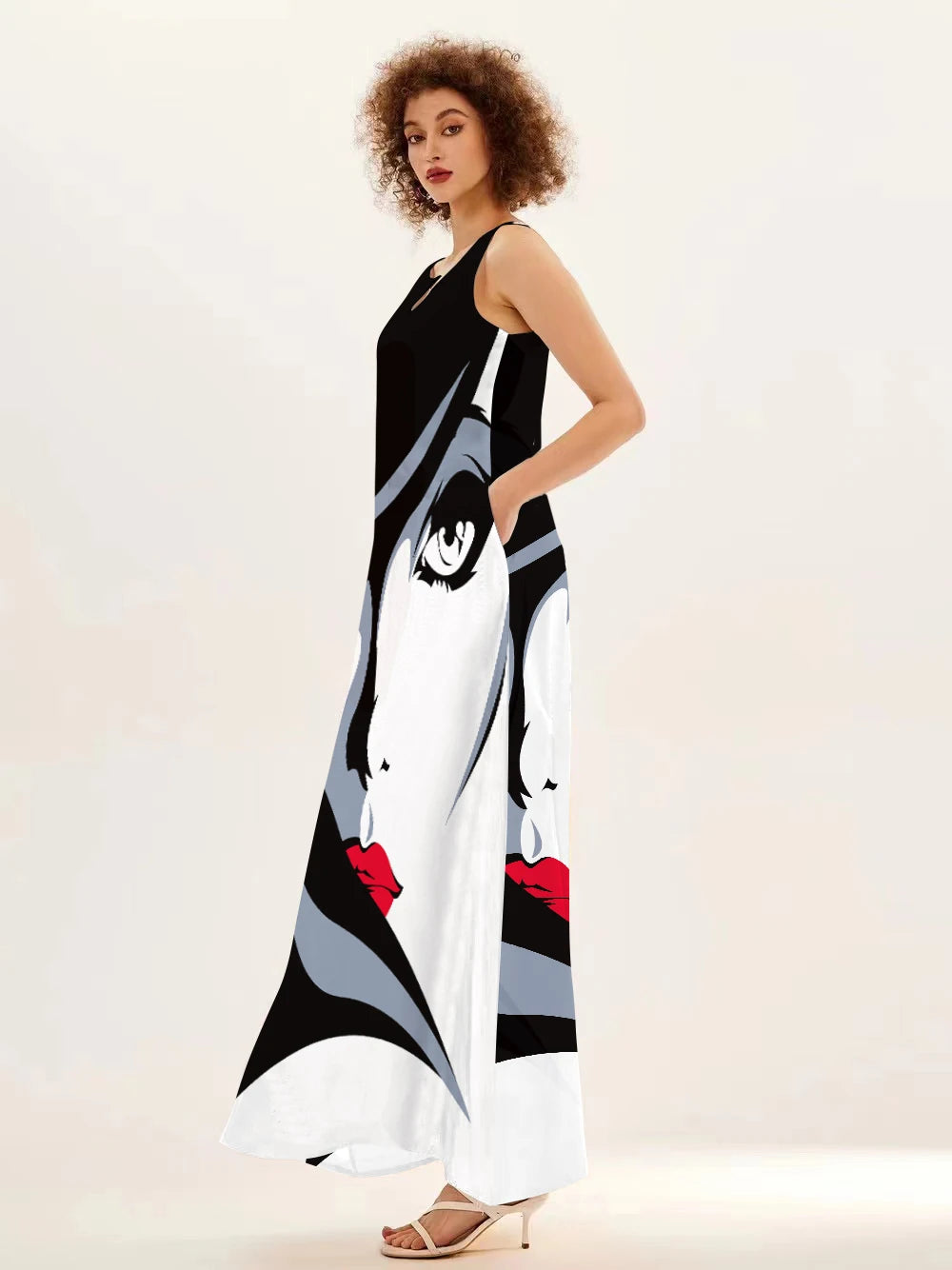 Mask printing Dress Sexy Sleeveless Dress  V-Neck  Casual  Clothing Women