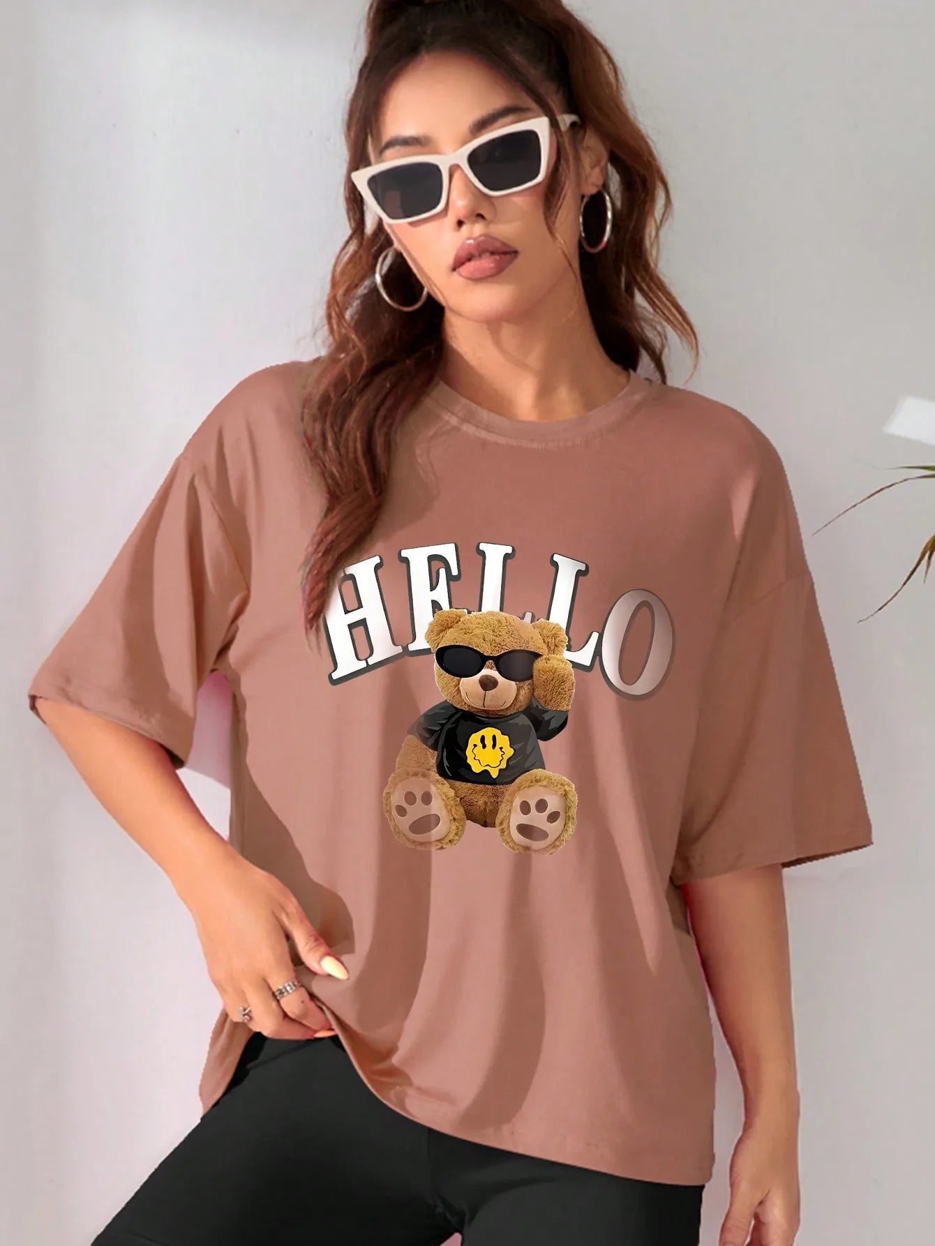 Summer women's fashion versatile casual drop shoulder short-sleeved T-shirt with cute letters and bear print loose top 2024 New