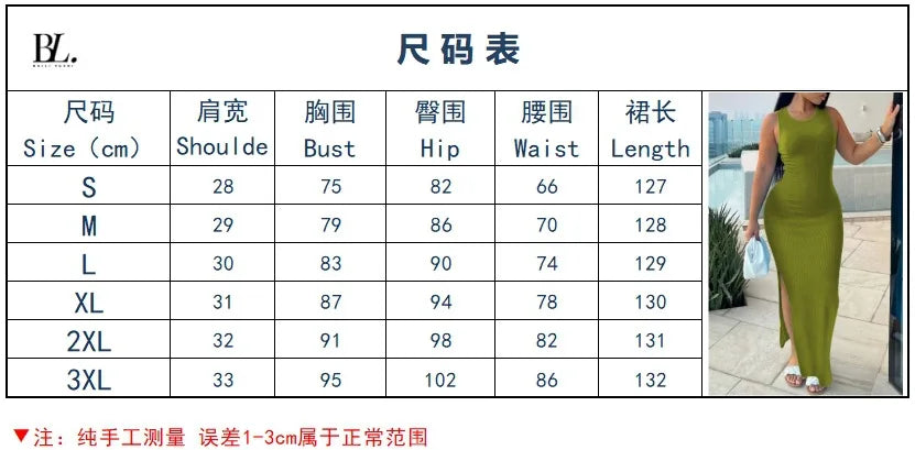 Sexy Sleeveles Knitted Long Dress For Women Fashion O-neck Pure Color Bodycon Dress Summer  Split Package Hips Party Dress Black