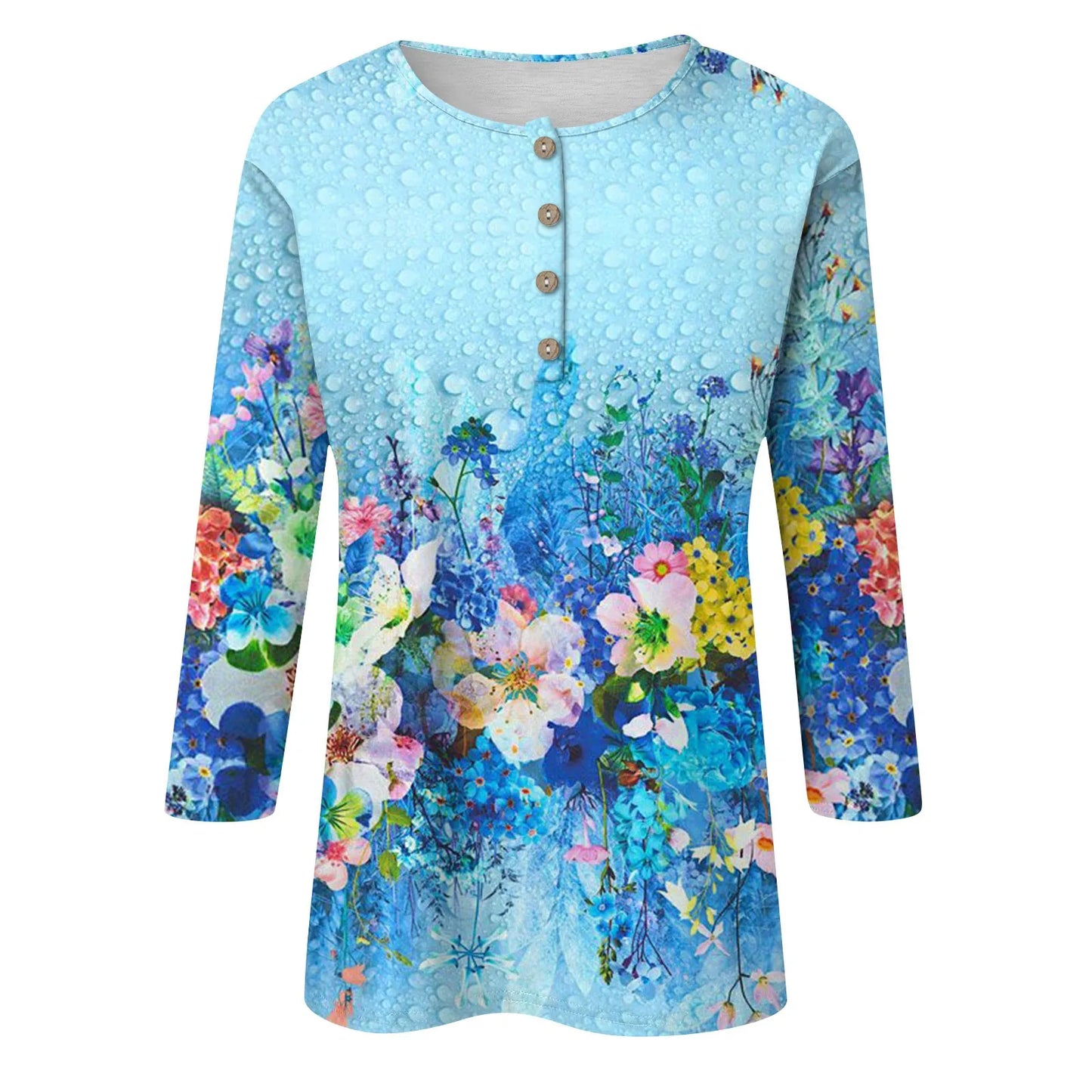 Women's Tops New Button Collar Fashion Print 3/4 Sleeves Retro Print T-Shirt Slim Top Casual Tops