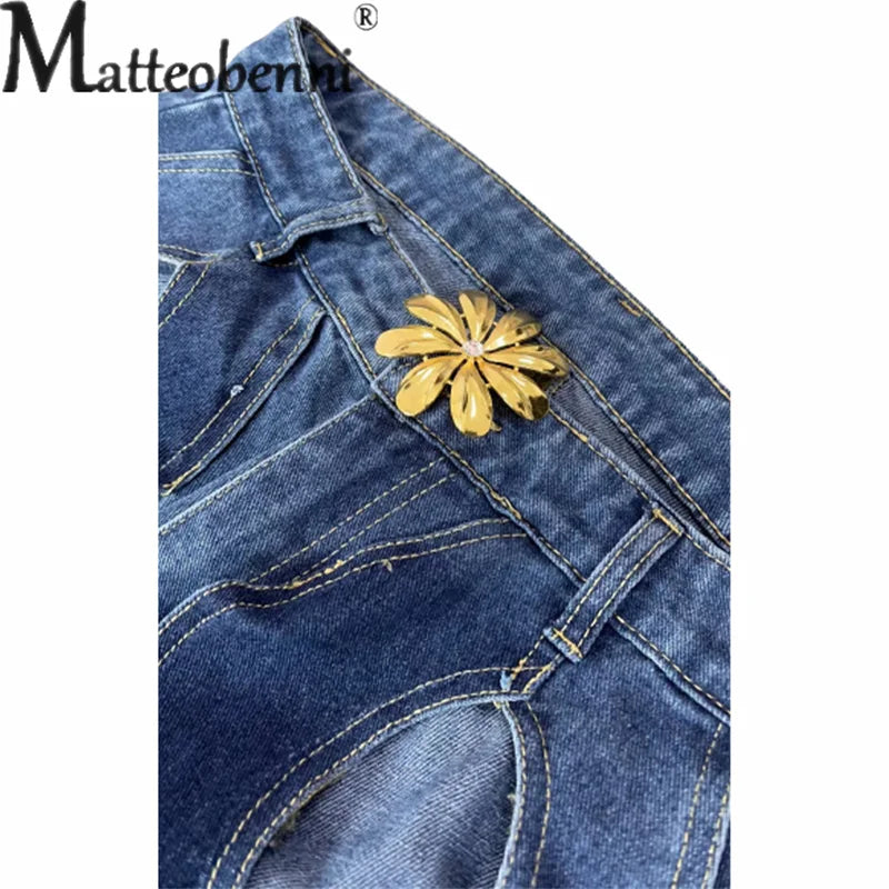 Fashion Hollow Out Curved Stripe Splice Jeans Women Flower Shaped Metal Buttons High Waist Straight Denim Pants Female Trousers