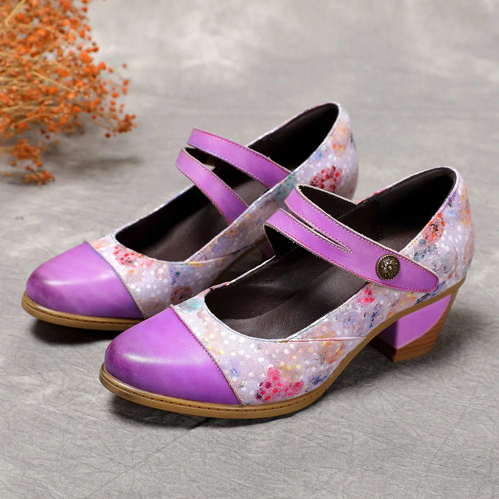 Johnature Genuine Leather Patchwork Printed High Heels 2024 Autum New Vintage Round Toe Pumps Versatile Women's Shoes