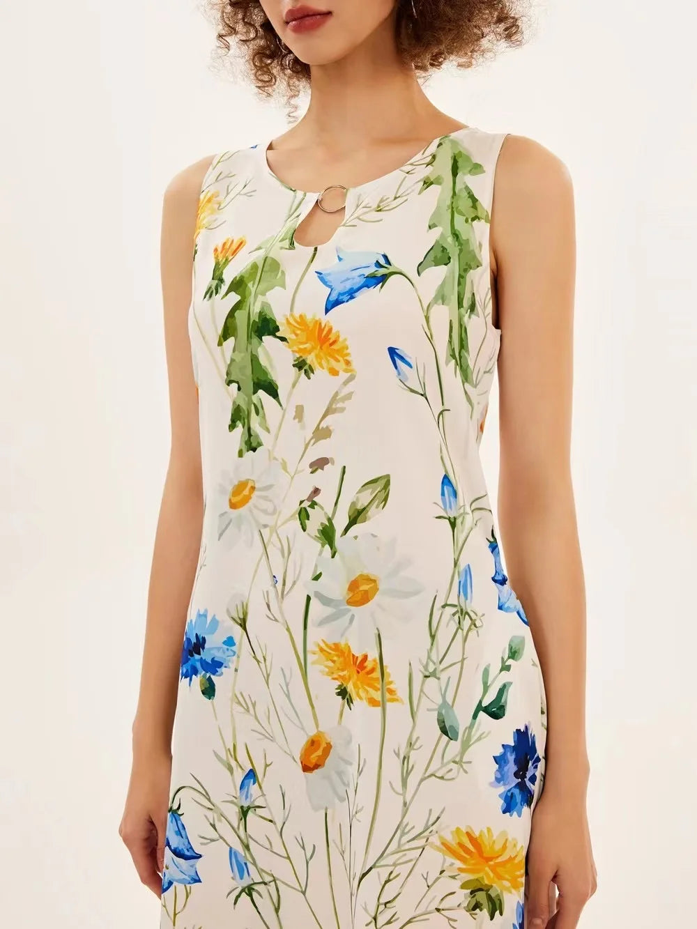 Flower Print New Casual Sleeveless Long Dress Women's V-Neck Printed Dress Swing Bohemian Retro Dresses