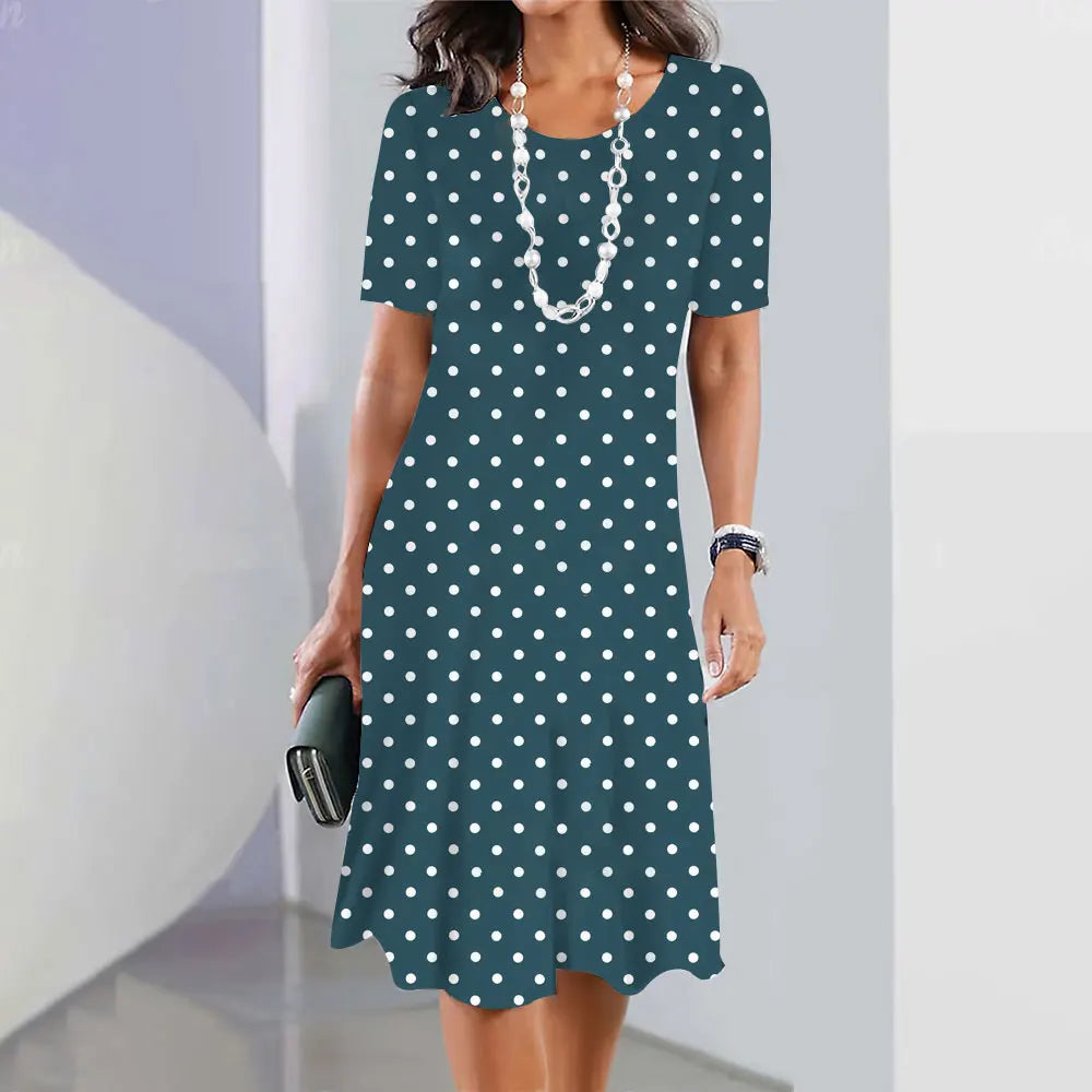 Polka Dot Print Women'S Dress 2024 Elegant Women'S Summer Fashion Stitch O Neck Loose Holiday Women'S Sexy Knee-Length Dress