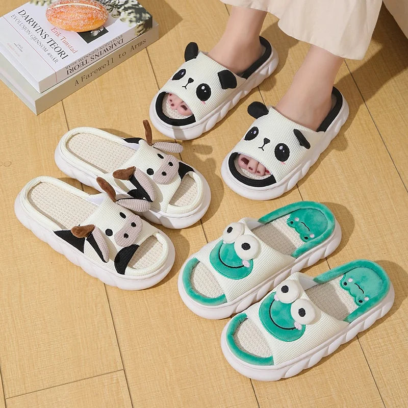 Cute Cartoon Cow Unisex Linen Slippers Spring Summer Slides Mule Men And Women Home Shoes Non-slip Flip Flops For Four Seasons