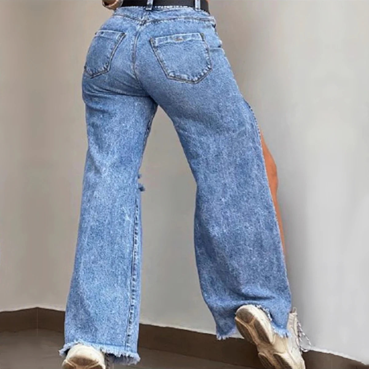 2024 Summer New Jeans Women's European and American Spicy Girl Jeans Loose Hole Sexy Split Wide Leg Pants Shopee Women's Pants