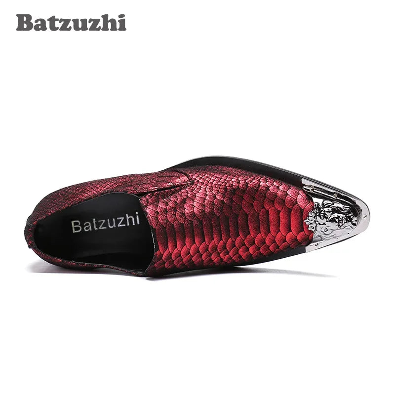 Batzuzhi Italy Brand New Men Leather Shoes Pointed Metal Toe Snakeskin Leather Red Men Wedding Dress Shoes Business and Party!