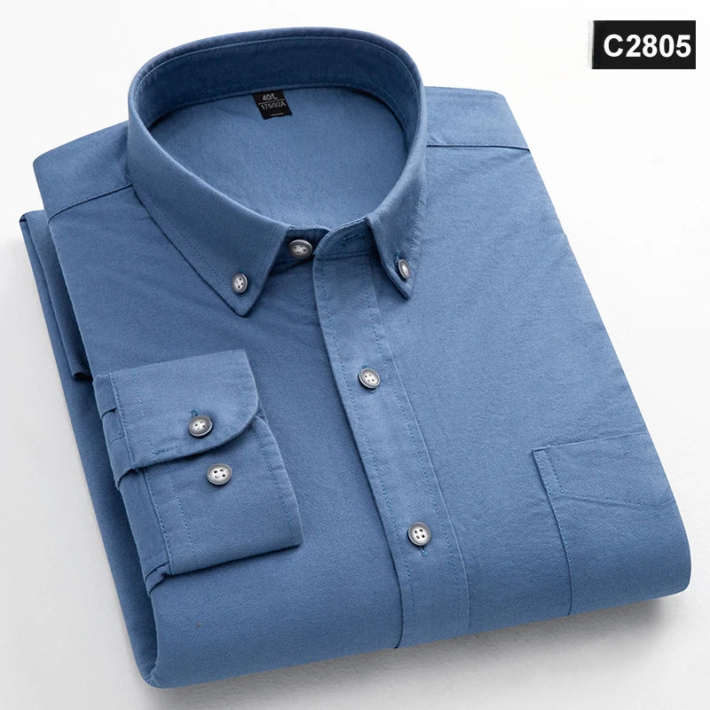 Classic fit fasion 100%Cotton long-sleeve shirt for men single pocket slim fit Casual top soft Oxford solid color office clothes