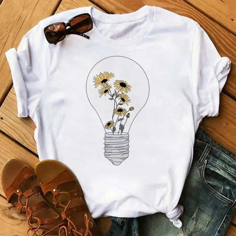 COTTON 100% Casual Cute Sunflower Butterfly Print T-shirt Comfortable Women's Black Top Oversized T Shirt  Graphic Tshirts