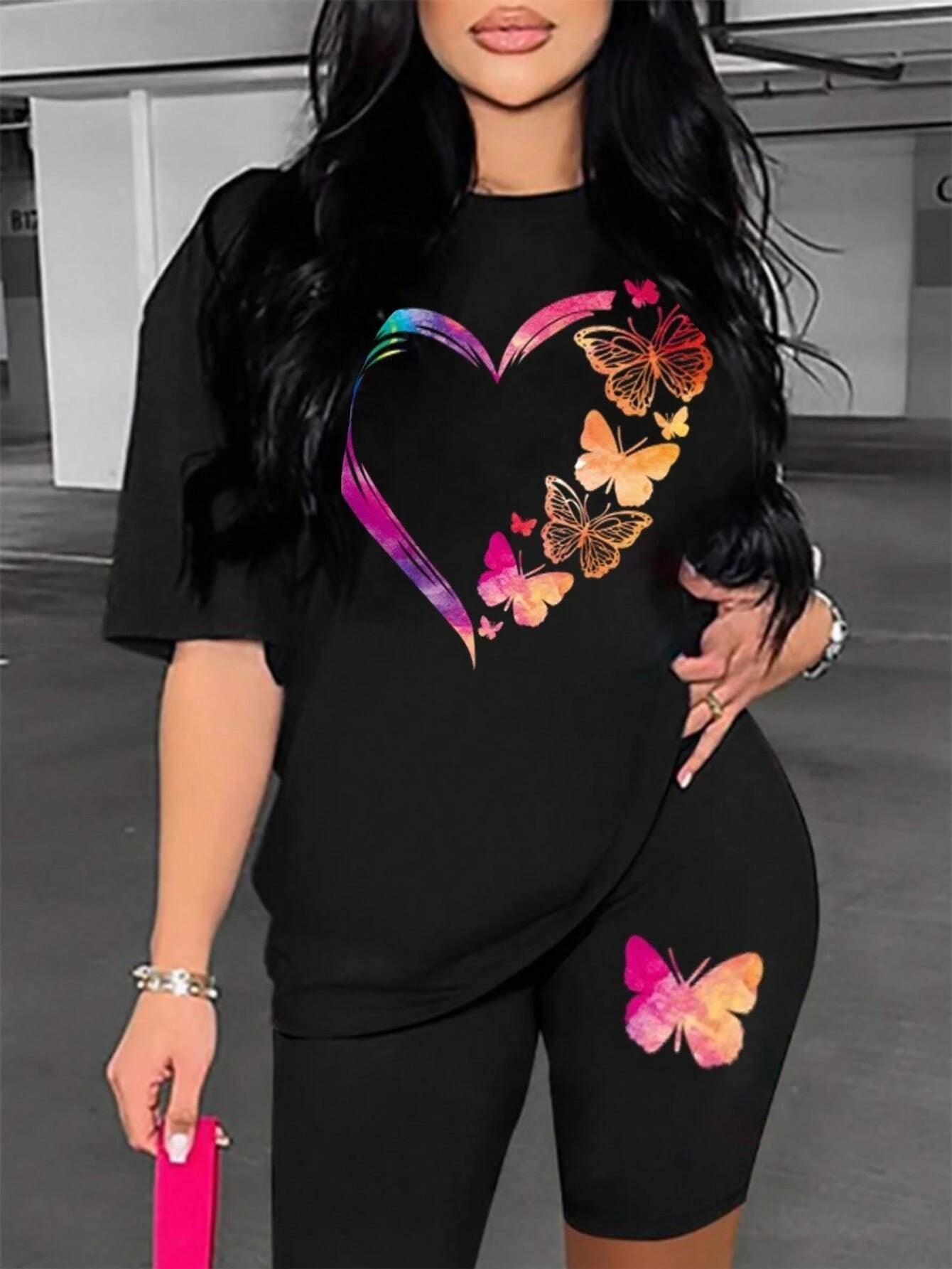 The Love Strung Together By Butterflies Printing Women T Shirts Two Piece Set Fashion Short Sets Comfortable Basic Shirt Shorts