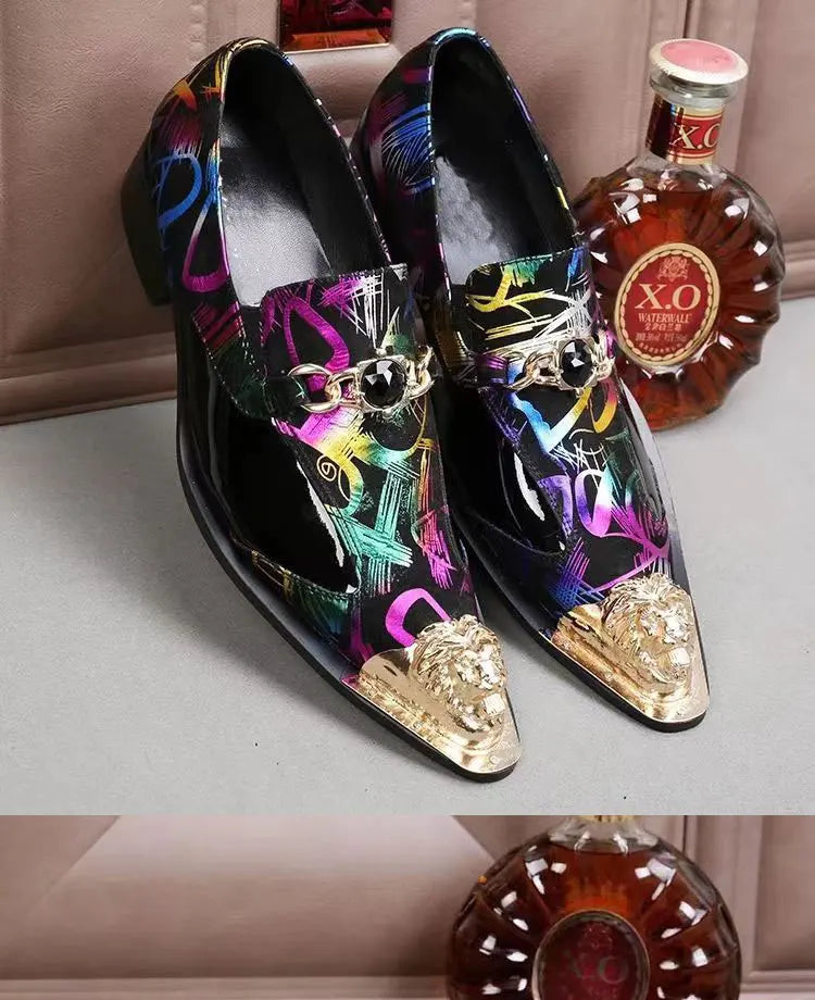 Spring Autumn Pointed end Gold ornaments Shoes and Hats Stamp Cowhide Shoes Rivet Marry Walk Show Nightclub Men's Shoes