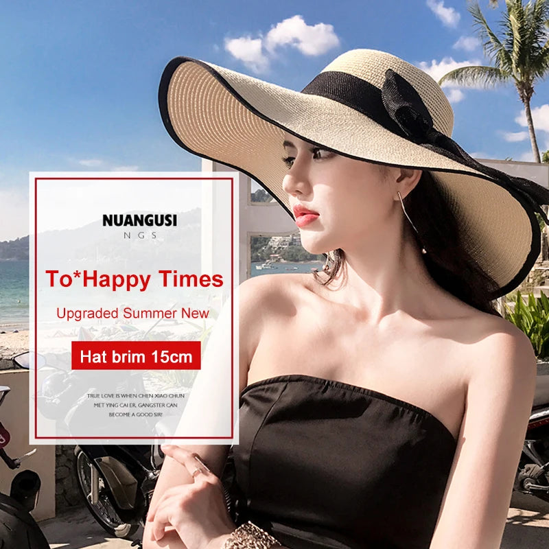 Summer Women Straw Hat Bowknot Wide Brim Floppy Panama Hats Female Lady Outdoor Foldable Beach Sun Cap