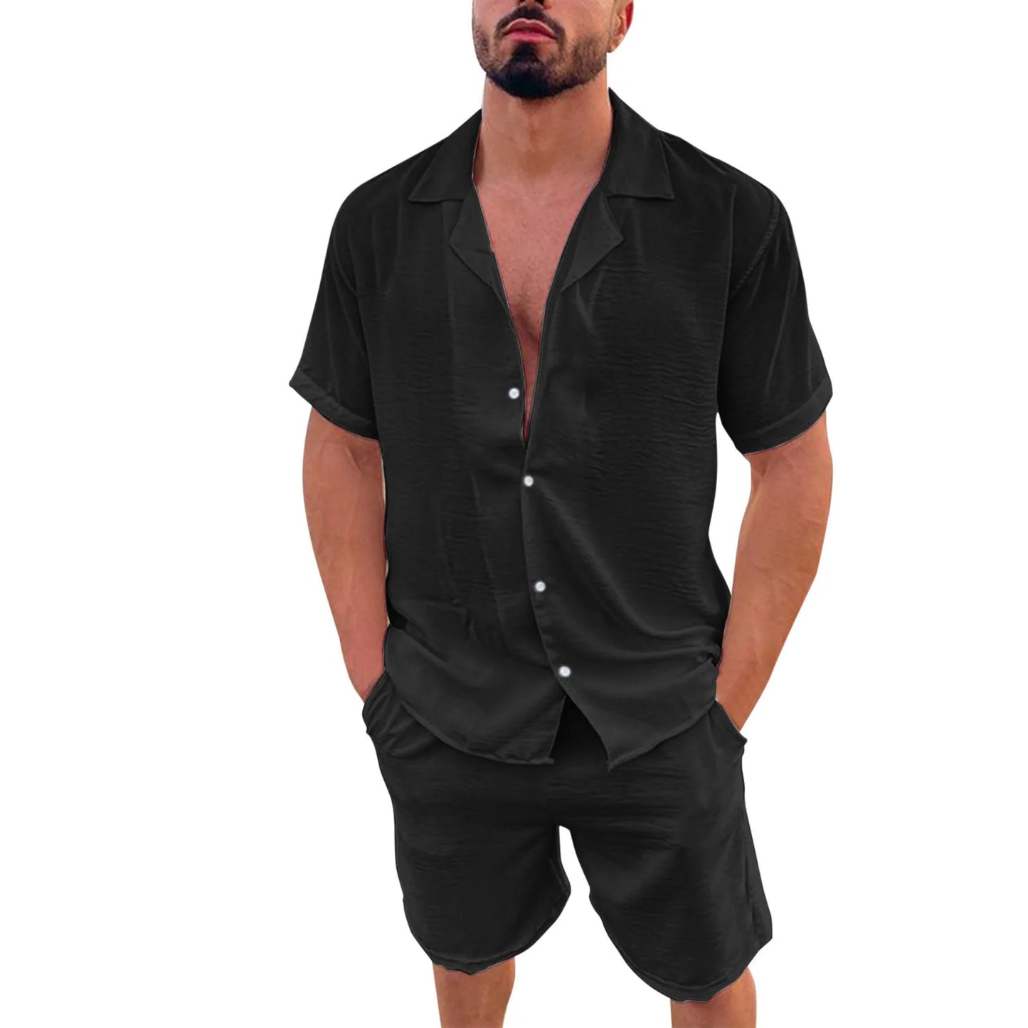 New 2024 Men's Summer Cotton Linen Sets Solid Short Sleeve Lapel Shirts and Shorts Sets Man Hawaiian Beach Holiday Clothing Sets