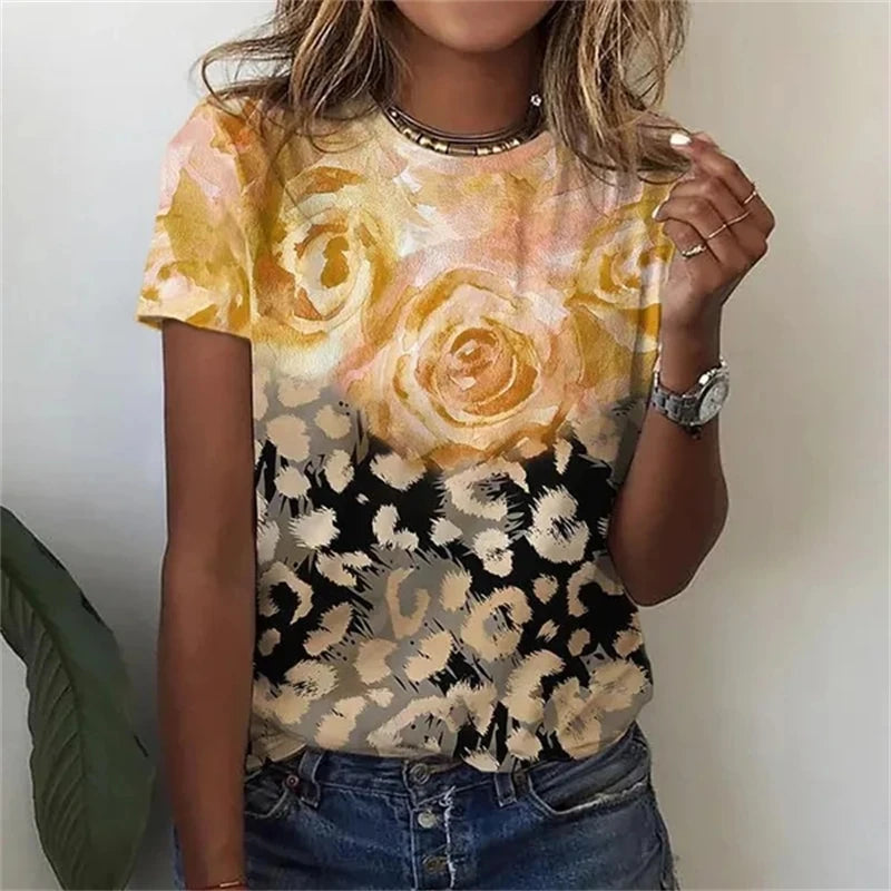 Women's T-Shirts Summer Fashion 3d Flowers Print Short Sleeve Top Female Clothing Oversized Tees Harajuku Graphic T Shirts