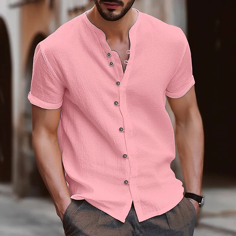 Retro Style Summer Men's Casual Cotton Linen Shirt Mock Neck Solid V-Neck Short Sleeve Loose Top Handsome Shirt US Size