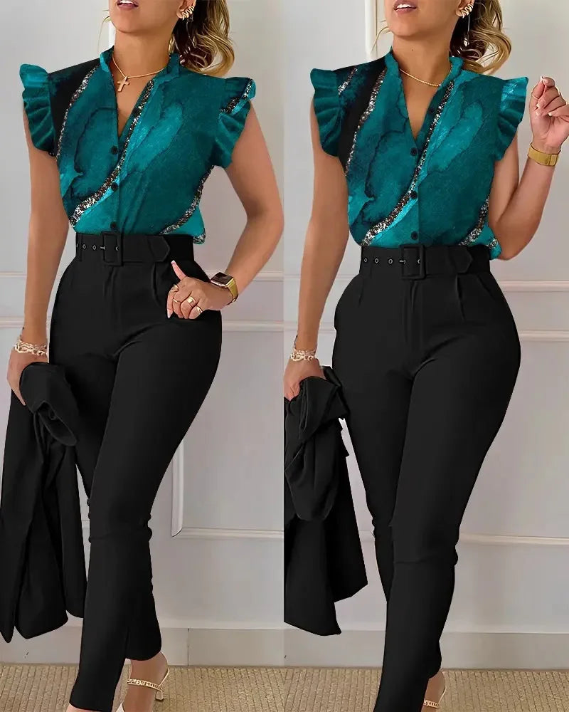 Women Slim Two-Piece Sets Summer Elegant Fashion Print V Neck Button Flying Sleeve Shirt Top & Solid Long Pants Suits With Belt